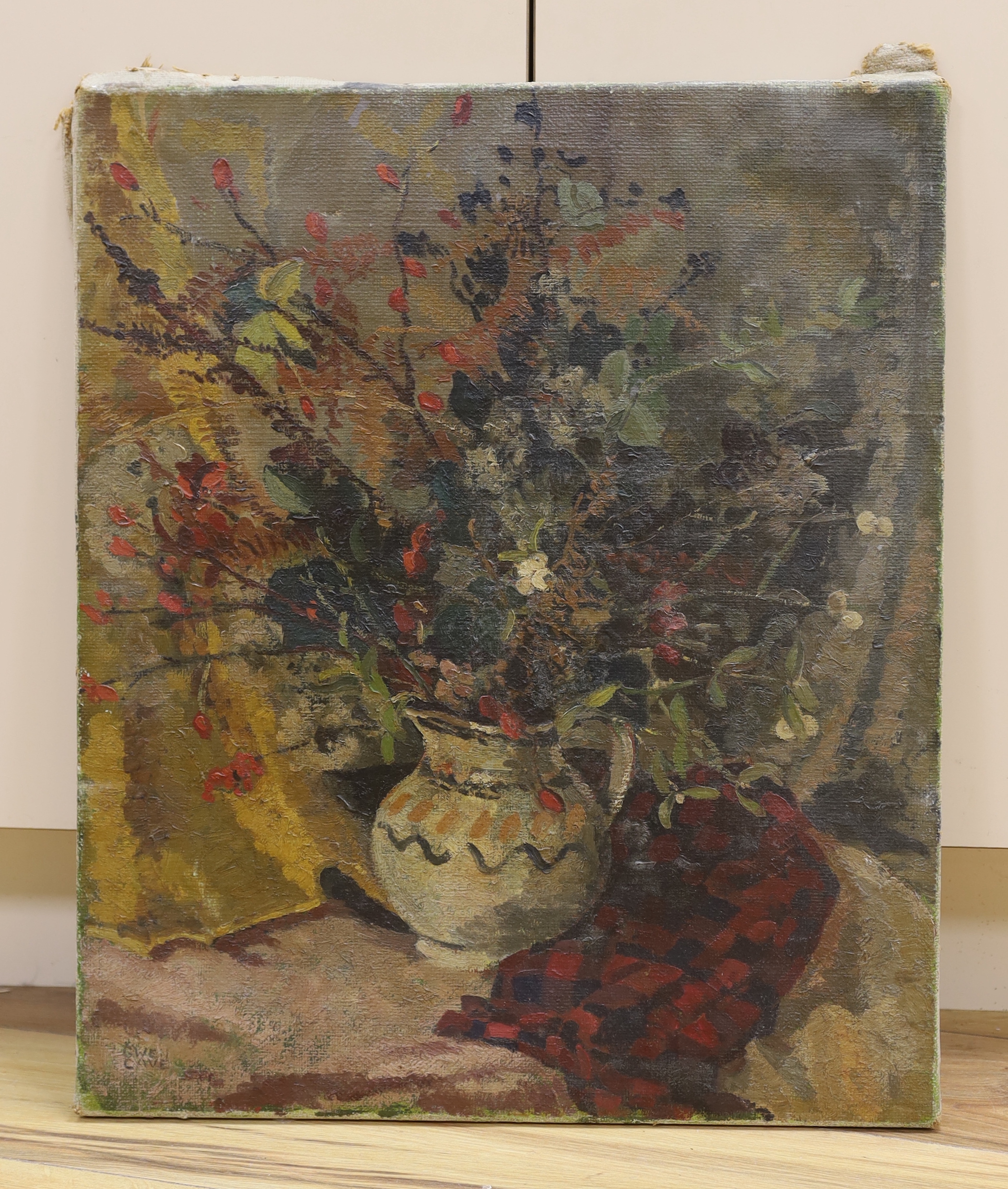 Gwen Cave, oil on canvas, Still life of flowers in a jug, signed, unframed, 61 x 51cm